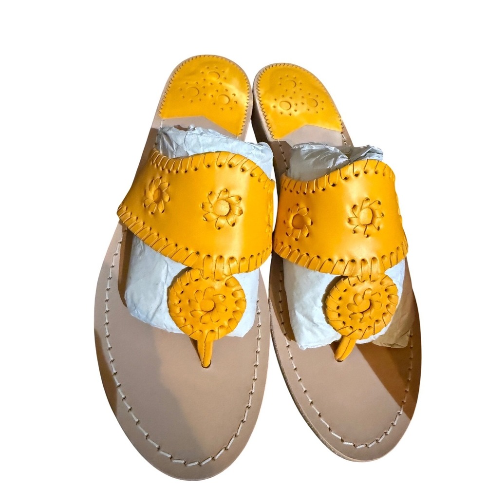Jack Rogers Jacks Flat Sandal Mango Yellow Leather Whipstitch Womens 7.5